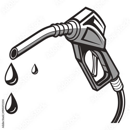 Black and gray gas pump nozzle with droplets fuel