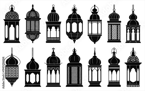 Black and white lanterns with intricate patterns and domes