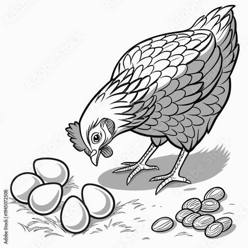 Gray chicken with eggs and feed poultry