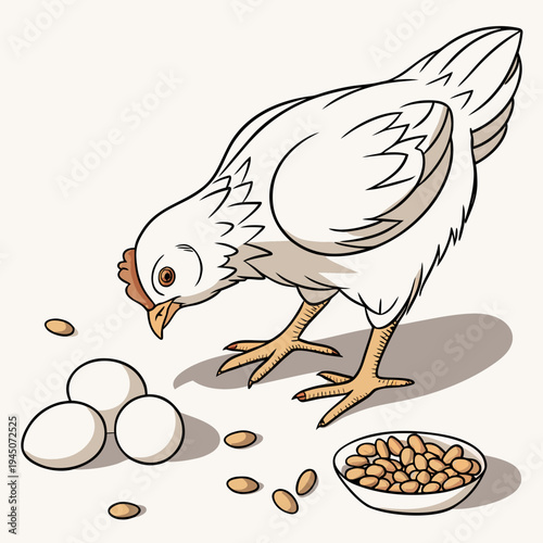 White chicken with eggs and bowl of feed