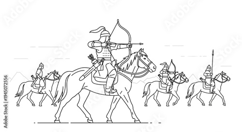 Mongol Warrior Archer on Horseback, Historical Battle Scene, Ancient Warfare Illustration