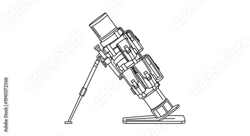 Mortar weapon system schematic drawing, military artillery, line art illustration