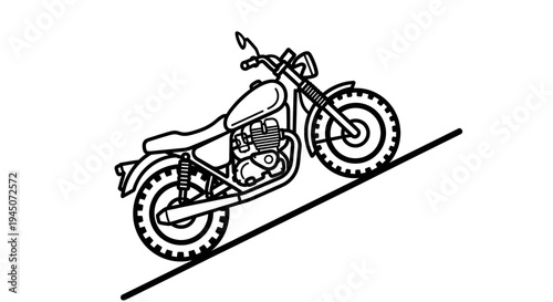 Motorcycle on a steep incline, illustration, black and white, dynamic angle