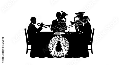 Musicians Gather Around Table with Wreath for Somber Meeting or Performance
