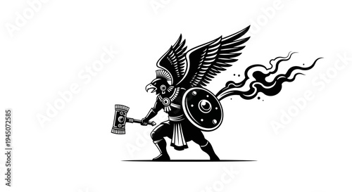 Mythical Warrior with Eagle Wings, Hammer, and Shield, Black and White Illustration