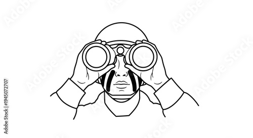 Person looking through binoculars, close-up of eyes and hands, surveillance concept