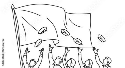 People Celebrate Success Throwing Coffee Beans in the Air with a Large Flag