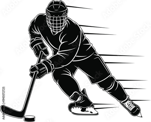 An ice hockey player wearing a full uniform skates aggressively while controlling a puck with a stick and motion lines.