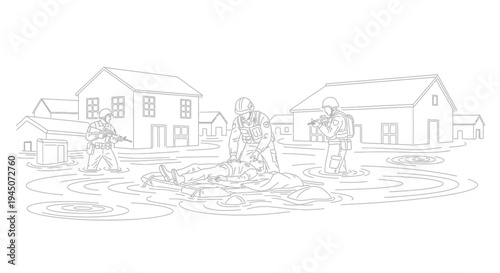 Rescue Operation in Flooded Neighborhood: Rescuers Aid Victim Amidst Submerged Houses