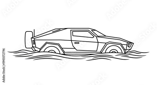 Retro Futuristic Car Driving Through Water, Line Art Illustration