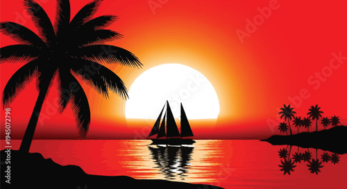 A dramatic tropical sunset features a sailboat gliding across calm water near palm tree silhouettes on islands.