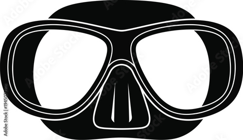 A stylized black and white graphic illustrates a single diving or snorkeling mask with large eye openings and a central nose pocket.