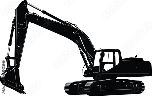 Excavator construction vehicle graphic displays a large articulated boom and digging bucket in profile view.