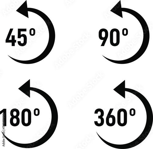 Four curved arrow icons indicate rotational increments of forty-five, ninety, one hundred eighty, and three hundred sixty degrees.