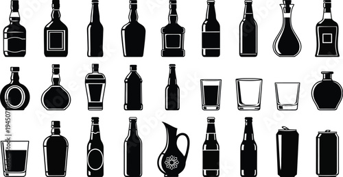 Silhouettes of various liquor bottles, decanters, glasses, and a pitcher are arranged in three horizontal rows for design use.