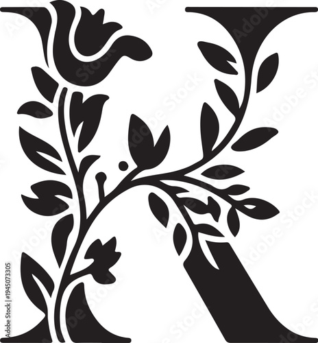 Black floral letter A white leaf