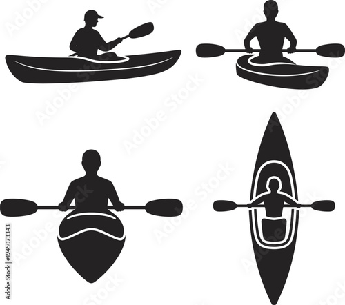 Kayak silhouette set, kayaker paddling boat from different views isolated on white background, water sport vector illustration