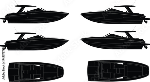 Luxury motorboat yacht silhouette collection, speedboat side and top view marine transport vector isolated on white background