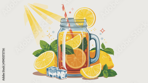 Refreshing summer lemonade in a mason jar with lemons and mint leaves on a sunny day