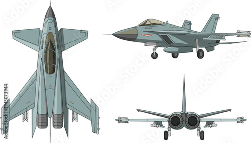 Modern fighter jet vector illustration, military combat aircraft top side and rear views isolated on white background