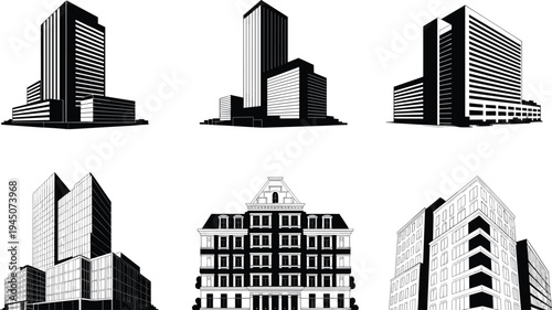 Modern city skyscraper buildings set, urban architecture towers and office complexes vector illustration, metropolitan skyline silhouettes collection