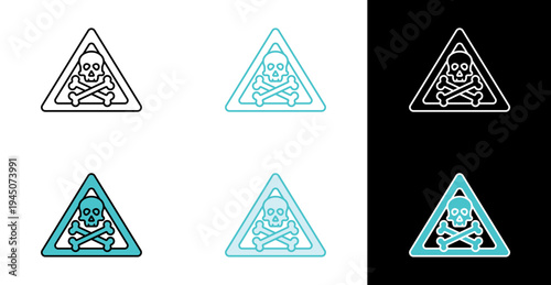 Warning triangle with skull and crossbones icon for toxic hazard labels in line and fill style