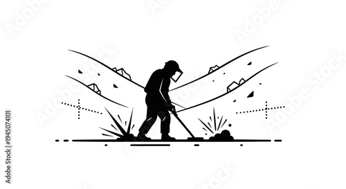 Silhouette of a person metal detecting in a dry, hilly landscape with scattered rocks and sparse vegetation.
