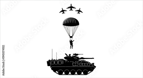 Paratrooper Descends onto Tank with Fighter Jets Overhead - Military Concept