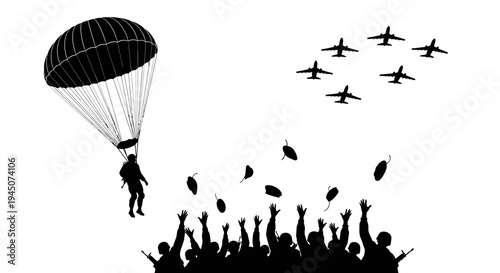 Paratrooper Descends Amidst Military Jets and Cheering Crowd Silhouette