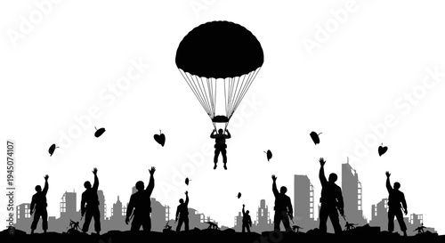 Paratrooper Descends on War-Torn City Silhouette, People Celebrate Victory