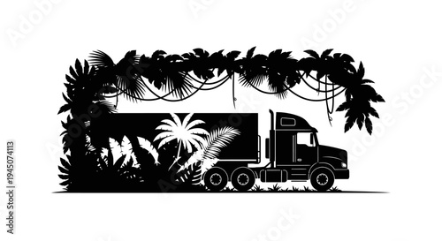 Silhouette of a semi-truck driving through a lush jungle archway with palm trees