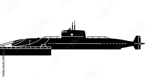 Silhouette of a Submarine docked at a pier, military vessel, naval power, black and white illustration