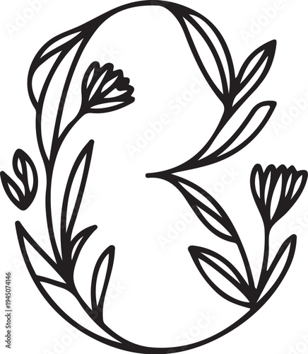 Black floral wreath around capital letter B black lines