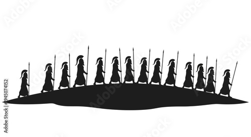 Silhouette of an army of cloaked figures with spears marching in unison across a hill