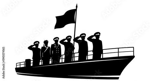 Silhouette of Military Officers Saluting on a Ship Deck with Flag