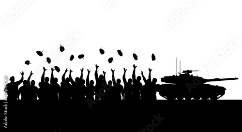 Silhouette of People Celebrating, Throwing Grenades Near Tank