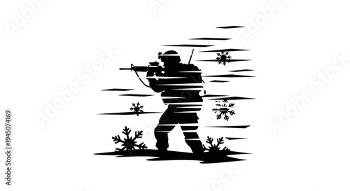 Silhouette of Archer Hunting in Snowy Forest with Snowflakes