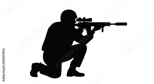 Silhouette of Soldier Aiming Sniper Rifle, Crouching Position, Military Action