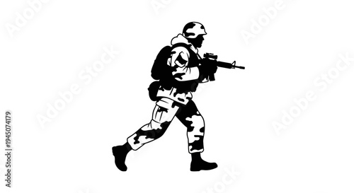Silhouette of a soldier in camouflage uniform running with a rifle, military action, combat readiness