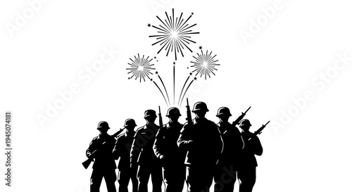 Silhouette of soldiers with fireworks celebrating victory, remembrance, or holiday