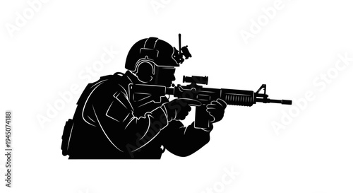 Silhouette of Soldier Aiming Rifle, Tactical Gear, Military Action