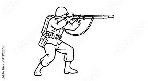 Soldier aiming rifle, historical warfare, military action, vintage combat illustration