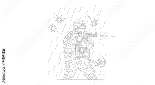 Soldier firing rifle in heavy rain and explosions, tactical gear, combat scene