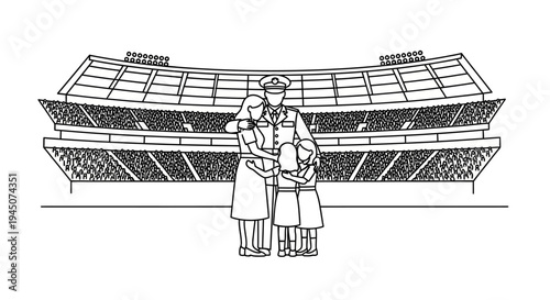 Soldier hugging children in front of stadium, homecoming, family reunion, military service