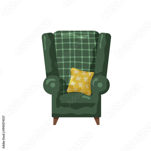 A green wingback chair with a plaid pattern sits prominently in a cozy living area.