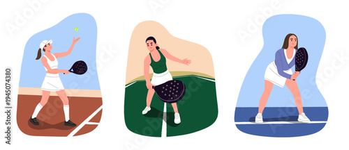 Flat vector illustration set of women playing padel on a court in different action poses. Perfect for sports graphics, padel club promotion, fitness content, training materials, and active lifestyle 