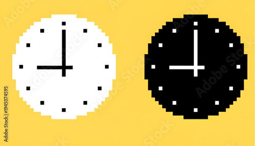 Pixel art wall clocks in black and white colors representing time zones, working hours or day and night
