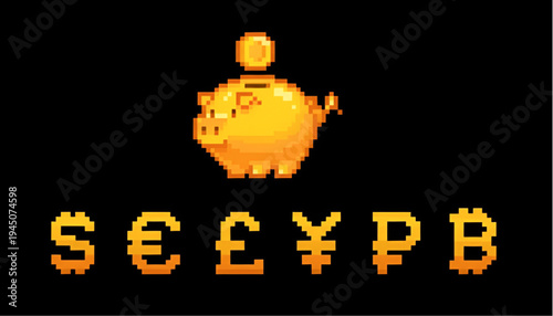 Golden pixel art piggy bank with international currency symbols for global savings and financial investment