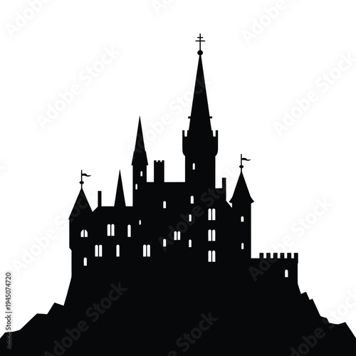 A silhouetted medieval castle stands prominently against a white background