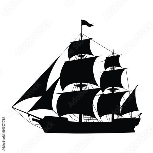 Black silhouette of a classic sailing ship with raised sails